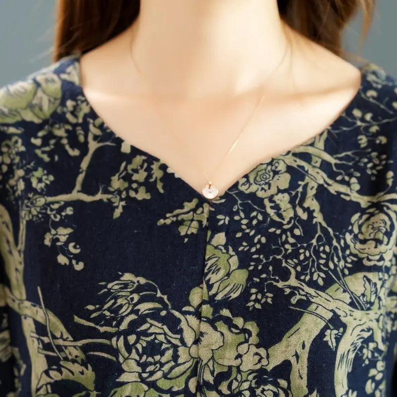 New Summer Floral Print Midi Sleeve Cotton Linen Loose Women's Two-Piece Set Ethnic Style Mom Clothes Comfortable Breathable