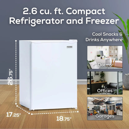 2.6 Cu.Ft Mini Fridge with Freezer- Single Door Compact Refrigerator with Glass Shelves for Homes