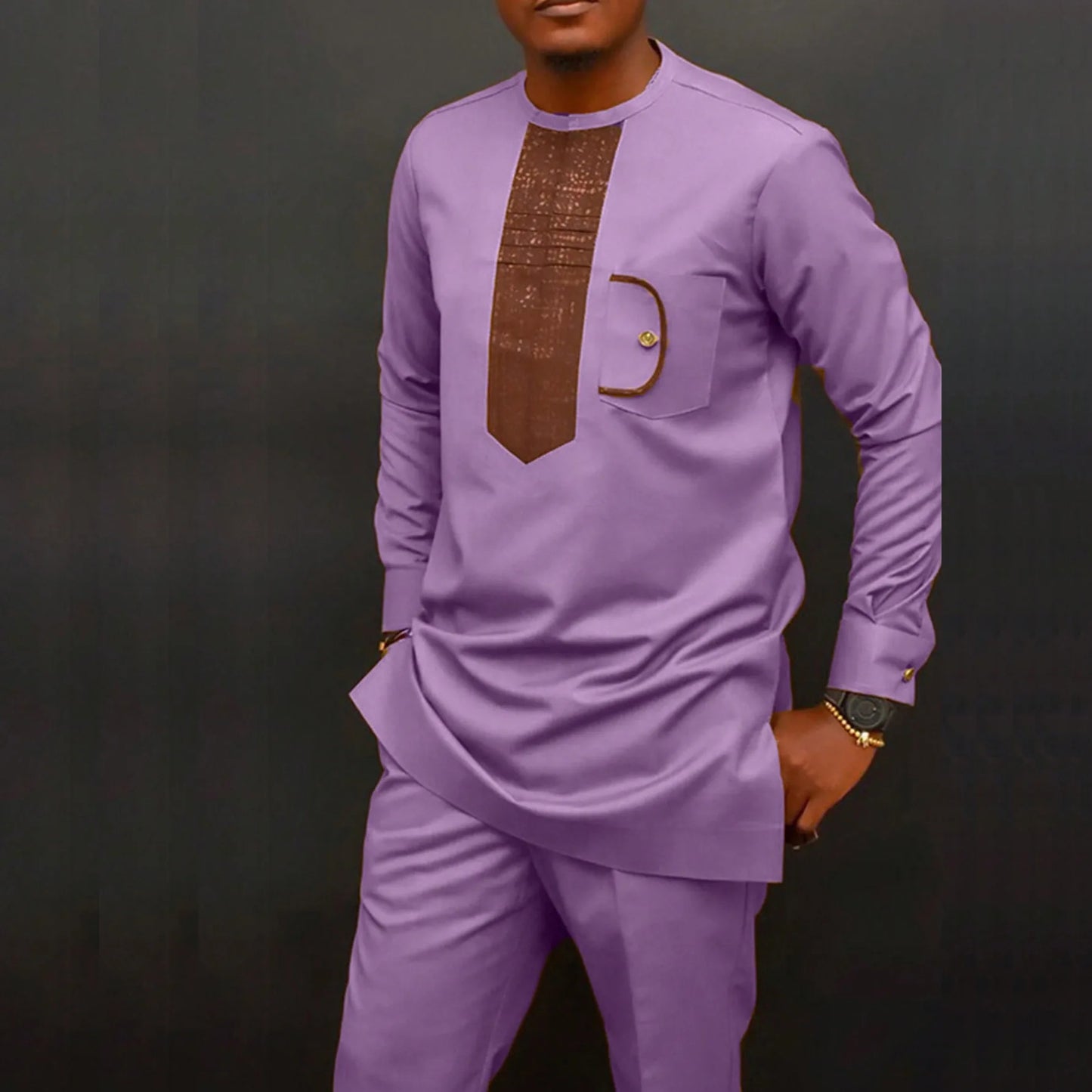 Fashionable Ethnic Embroidered Long Sleeve Long Pants Suit for Men New 2026 Style Summer Season round Neck Single Button Closure