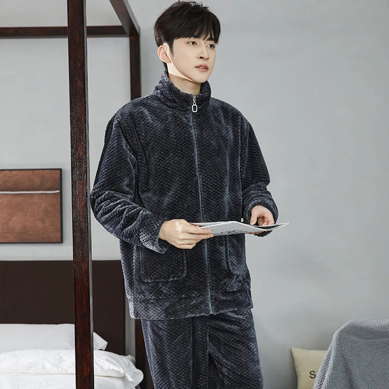 2025 New Couple Sleepwear Men's Autumn Winter Stand Collar Zipper Thick Long Sleeve Coral Fleece Home Clothes Men's Pyjamas