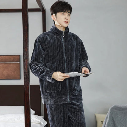 2025 New Couple Sleepwear Men's Autumn Winter Stand Collar Zipper Thick Long Sleeve Coral Fleece Home Clothes Men's Pyjamas