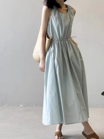 Casual Korean Style Drawstring Waist Vest Dress Loose Fit Summer New Arrival Women's Dress Comfortable Cotton A-Line Skirt