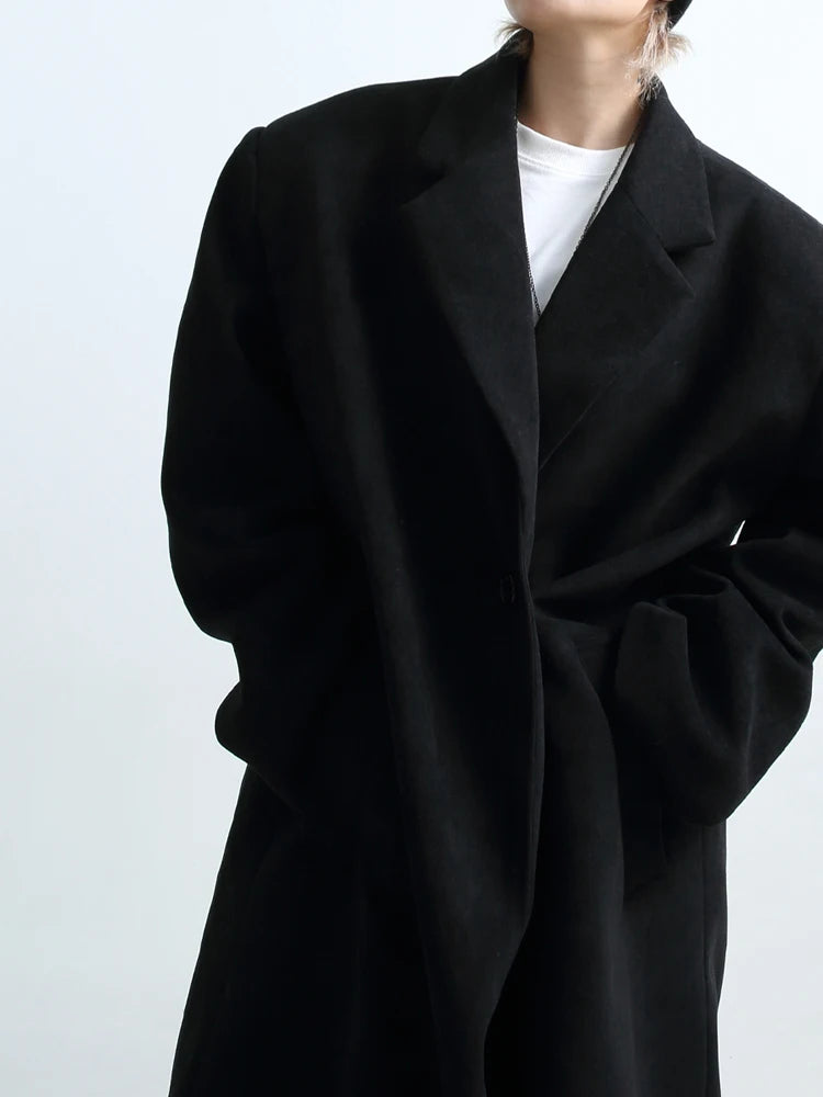 Mauroicardi Autumn Winter Long Oversized Warm Soft Black Trench Coat Men with Shoulder Pads Loose Casual Korean Fashion Overcoat