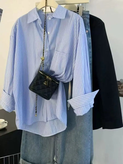 Retro Lazy Sle Blue Striped Women's Long Sve irt Spring Autumn Design Sense Small ence Outerwear Blouse