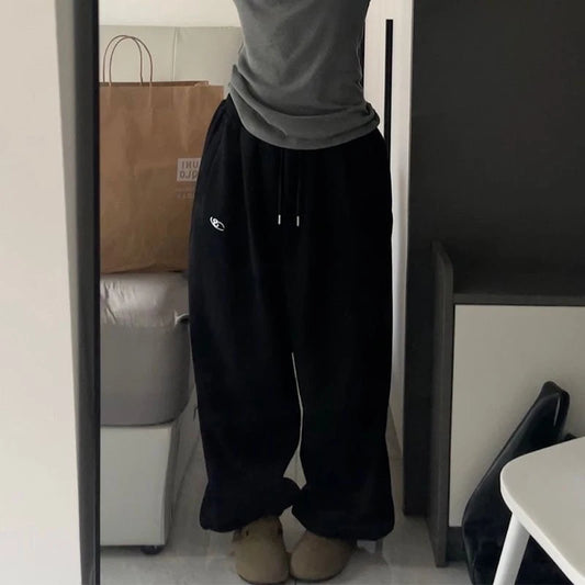 Thickened Fleece Loose Fit Sweatpants Youthful Vitality Style Pure Color Cuffed Casual Pants Spring Autumn Loose Trousers