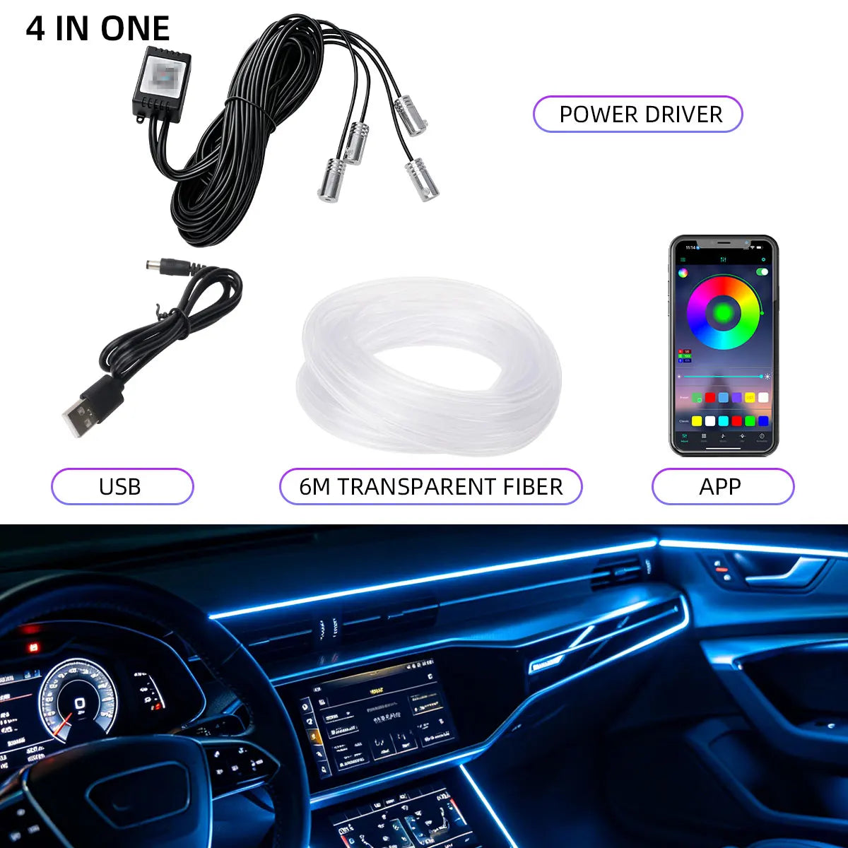 Car 4/5/6in1 Interior Decoration Ambient RGB Fiber-Optic Light Strip USB Dashboard Neon Light Strip App Control Accessories