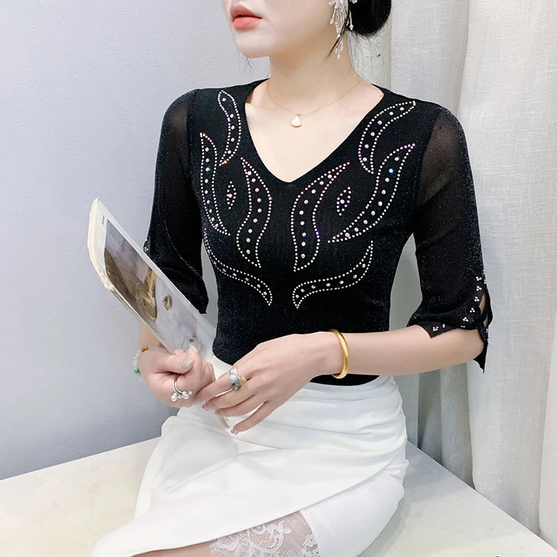 2026 Spring Summer Mesh Tops Korean Fashion Diamond T Shirt Slim 3/4 Sleeve Hollow Out Casual Women Shirt
