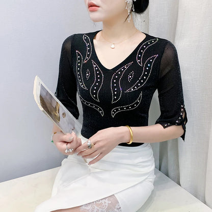 2026 Spring Summer Mesh Tops Korean Fashion Diamond T Shirt Slim 3/4 Sleeve Hollow Out Casual Women Shirt