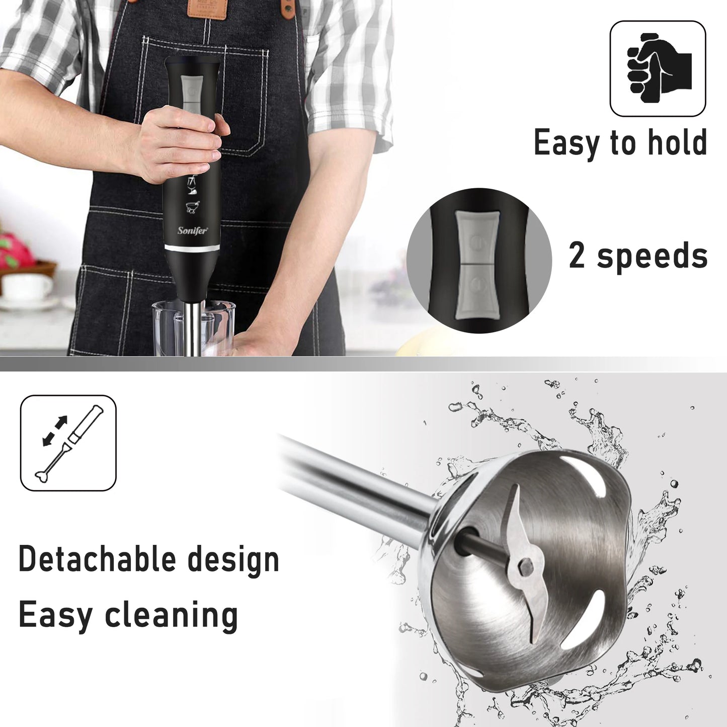 3 in 1 Immersion Blender Hand Food Mixer Includes Chopper and 700ml Smoothie Cup Stainless Steel Ice Blades Whisk Sonifer