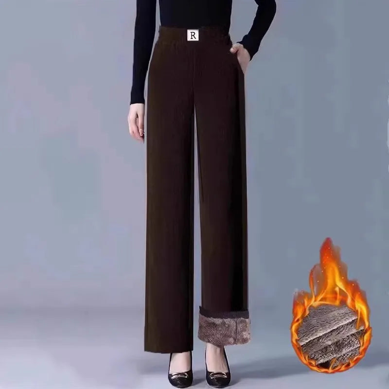 High Waist Fleece Lined Thick Wide Leg Casual Pants for Women Autumn Winter Straight Cut Versatile Comfortable Cotton Trousers
