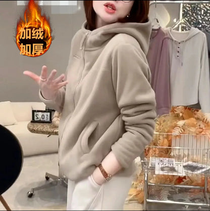Autumn Winter Thickened Fleece Hoodie Jacket Women's Casual Slimming Versatile Long Sleeve Zipper Closure  Color Sweatshirt