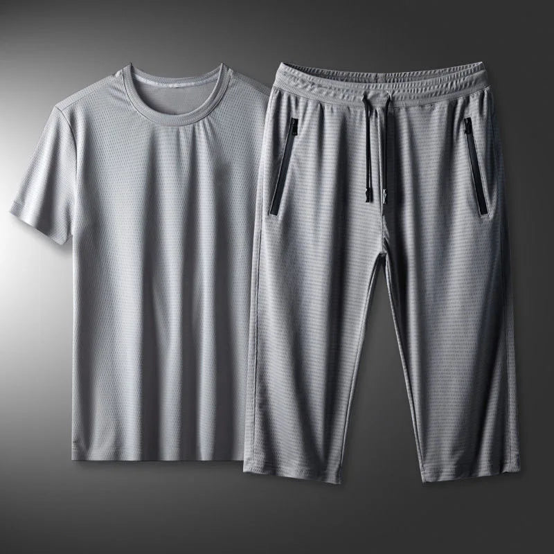 Ice Silk Men's Casual Pants Sports Set Air Conditioning Pants Quick Dry Trendy Large Size Short Sleeve T-Shirt Mesh Summer Wear