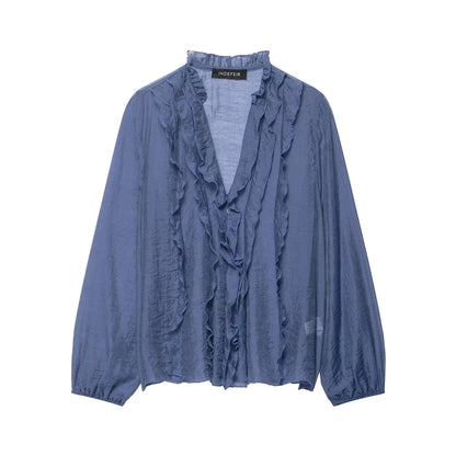 HH Women Elegant Fashion Polka Dot Ruffled Blouse V Neck Long Sleeve Shirt Summer Translucent Thin Tops High Street Chic Shirts