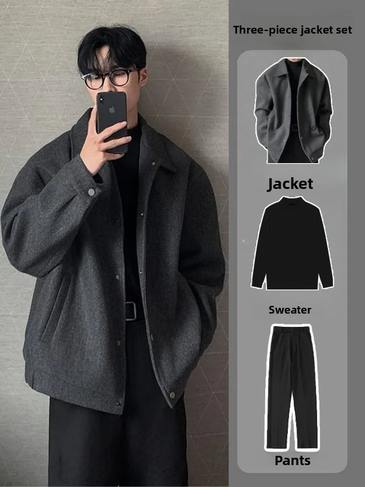 Men's Woolen Jacket Set Casual Autumn Winter Style Youth Long Sleeve Pants Three Piece Suit Elegant Fashionable Men's Wear