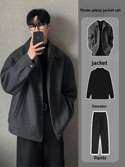 Men's Woolen Jacket Set Casual Autumn Winter Style Youth Long Sleeve Pants Three Piece Suit Elegant Fashionable Men's Wear
