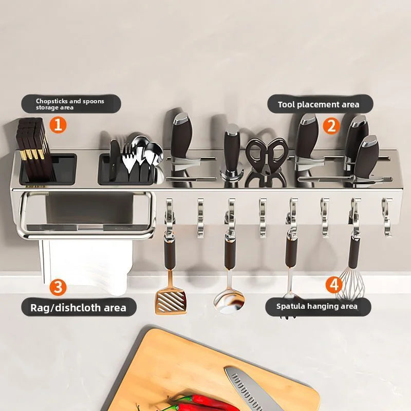 Stainless Steel Kitchen Knife Holder Wall Mounted No Drilling Multi-Function Chopsticks And Kitchen Knife Storage Rack