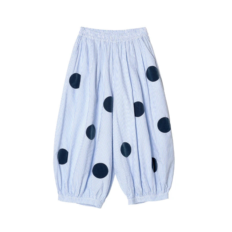 Sky blue pants 2025 imakokoni summer Japanese pure cotton foam yarn blue and white striped polka dot thigh pants 255045