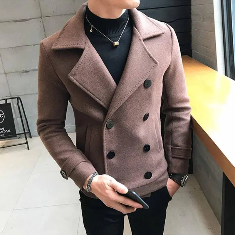 Men's Woolen Coat Short Thickened Winter Fashionable Slim Fit Double Breasted Nylon Jacket Korean Style Windbreaker Outerwear