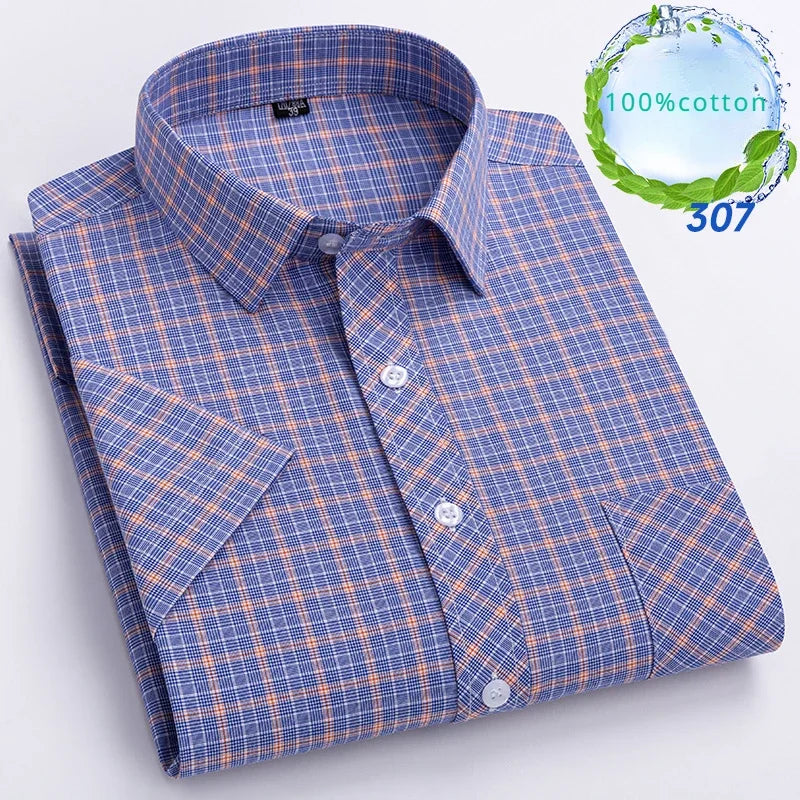 New in Shirt Over Size 100% Cotton Thin Summer Short Sleeve Shirts for Men Slim Fit Plain Shirt Plaid Soft Korean Popular Clothe