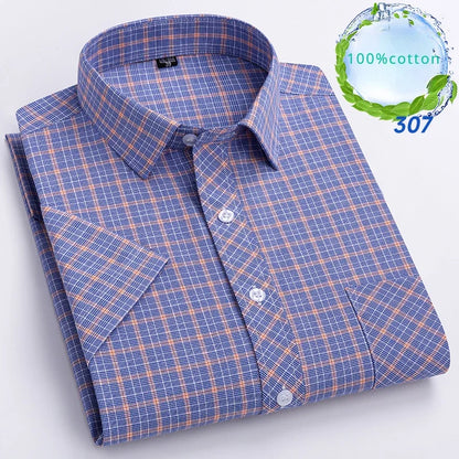 New in Shirt Over Size 100% Cotton Thin Summer Short Sleeve Shirts for Men Slim Fit Plain Shirt Plaid Soft Korean Popular Clothe