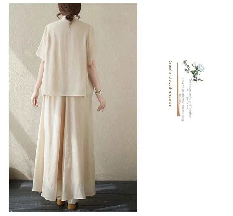 New National Style Heavy Embroidery  Set Women Summer Loose plus Size Fringed Wide Leg Pants Skirt Slimming Two Piece Set