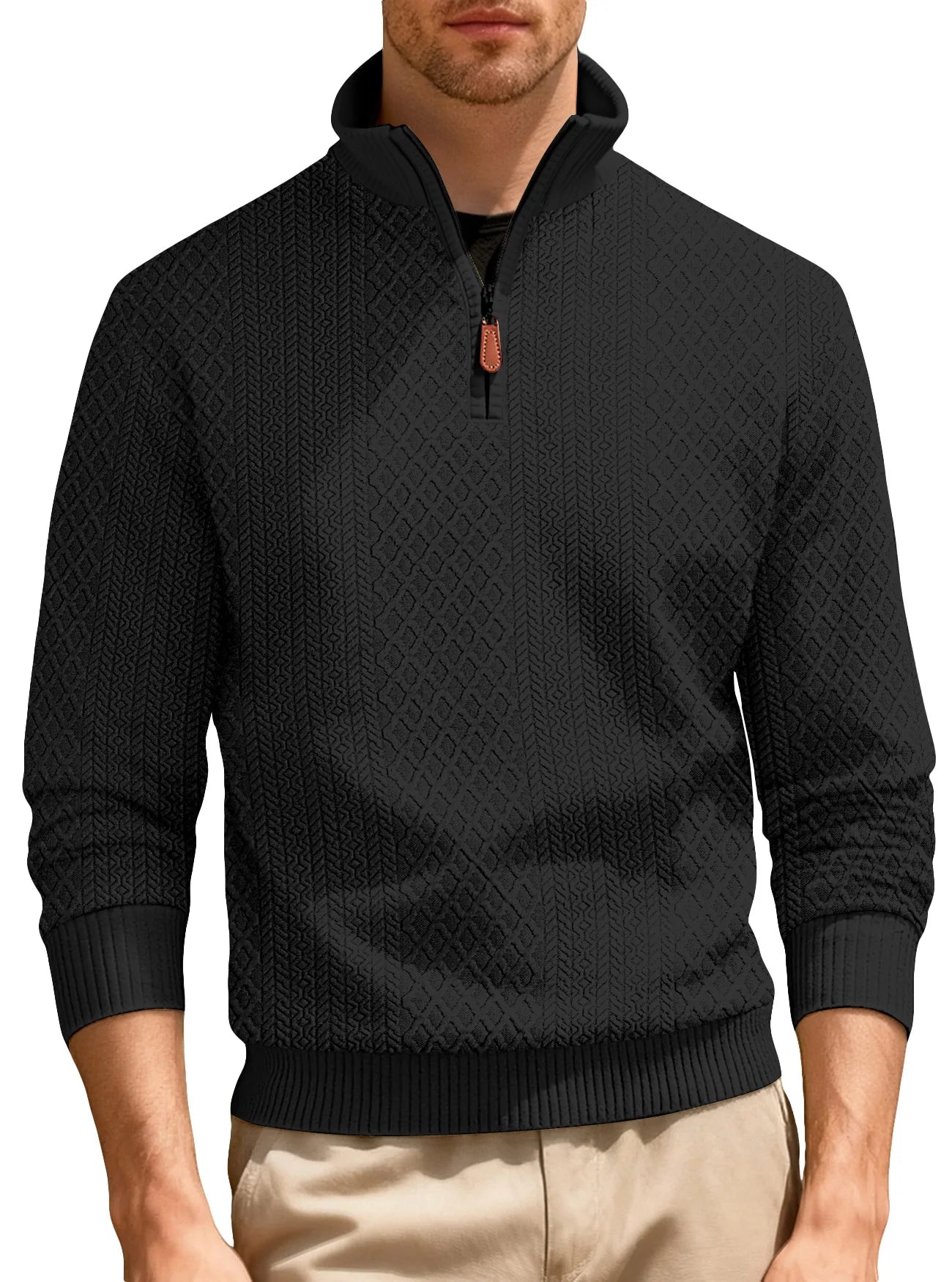 Men's Half Zip Knit Pullover Stand Collar Textured Sweatshirt Casual Top 2026