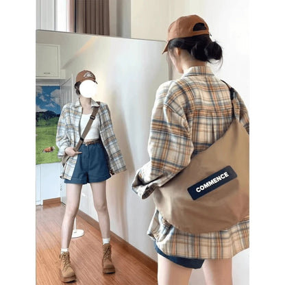 Retro Loose Lazy Plaid Shirt Women Early Autumn New Korean Version Casual Simple Long Sleeve Outer Commute Small Shirt