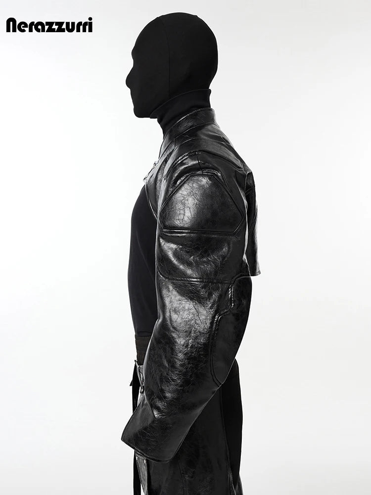Nerazzurri Spring Autumn Cool Short Black Pu Leather Jacket Men Shoulder Pads Zipper Cropped Menswear Runway European Fashion