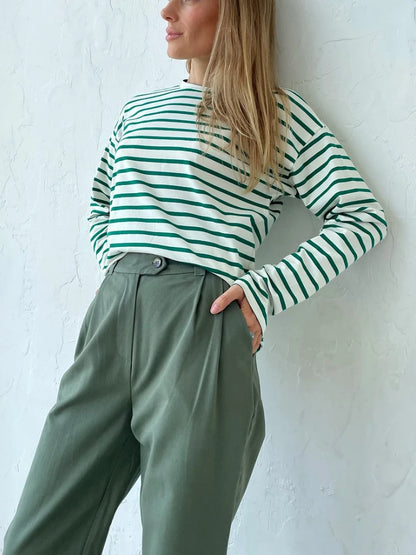 Bornladies 2025 Summer Long Sleeve Striped T-Shirts Women Basic Casual Tops Female Cozy Loose Cotton Tees Harajuku T Shirt New