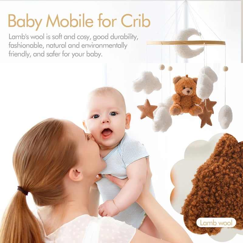 Wooden Crib Mobile Baby Bed Bell Rattle Toy Soft Felt Cartoon Bear Mobile Bracket Newborn Music Box Bed Bell Hanging Bracket Toy