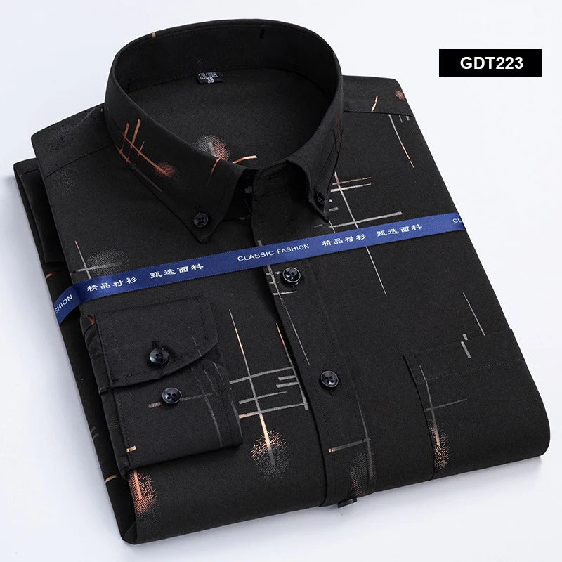 Men's Non-iron Shirts Business Casual Bronzing Long Sleeved Regular Fit Shirts Spring and Autumn New Fashion Print Top Clothing