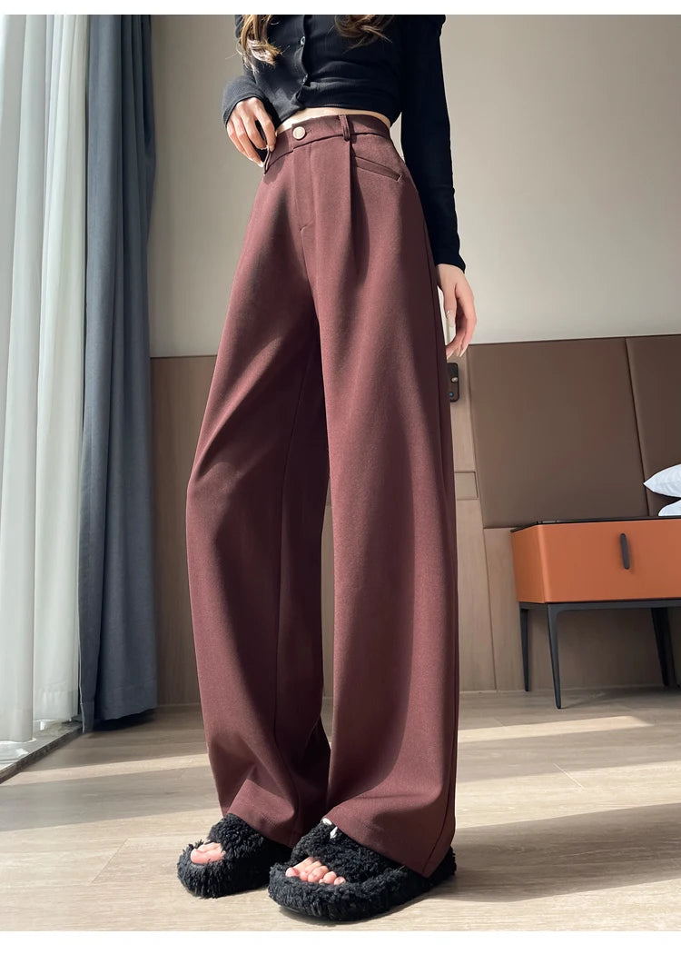 Seoulish Autumn Elegant Women's Wide Leg Pants 2024 New Korean Solid Button Casual Loose Office Full Length Trousers Female