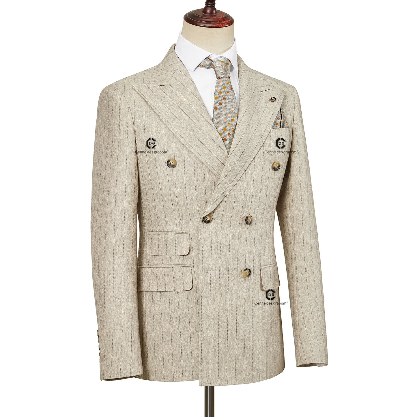 Cenne Des Graoom 2024 Double-Breasted Khaki Stripe Suits for Men Tailor-Made 2 Piece Set Jacket Pants Business Meeting Wedding