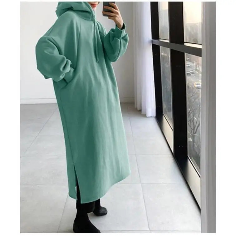 Korean Style Fleece Lined Long Hoodie Dress Women's Thickened Split Slimming Autumn Winter Dress Cotton Polyester Blend