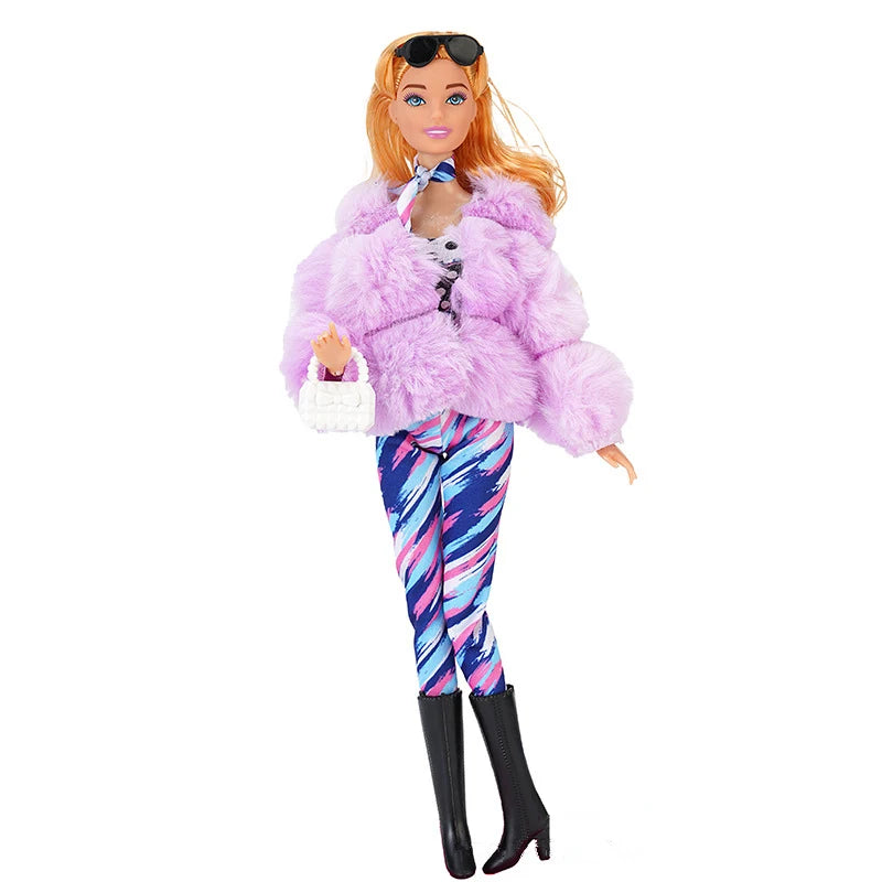 30cm Doll Full Set 1/6 Bjd Female Doll with Beautiful Winter Fashion Plush Fur Coat and Clothes Suit