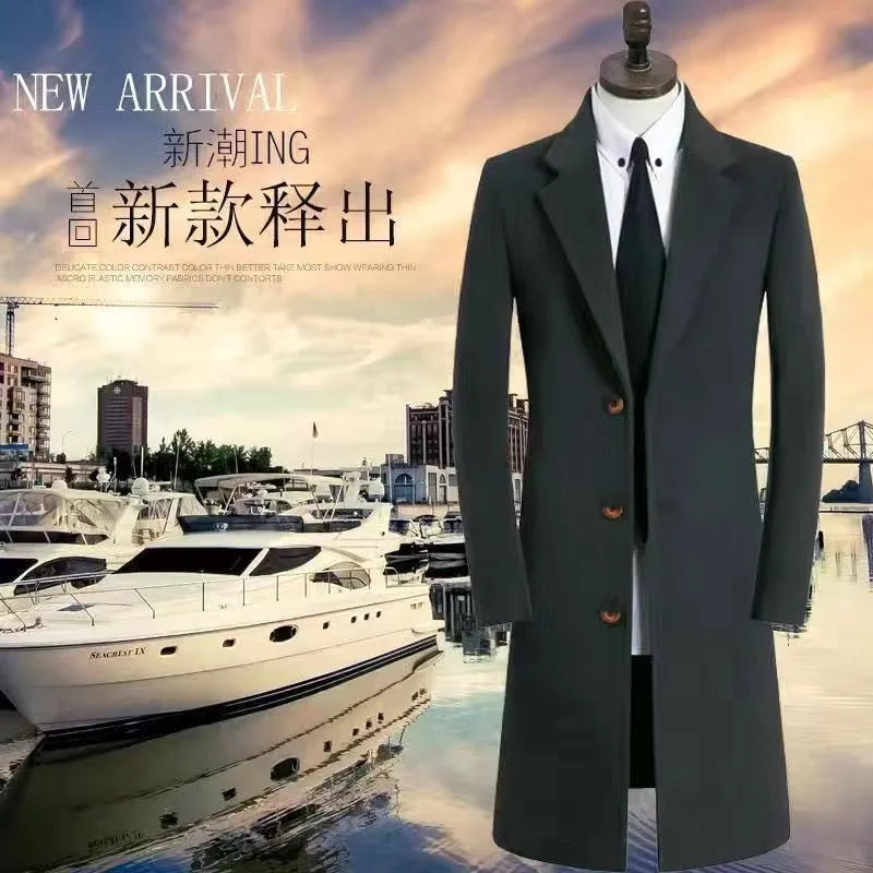 Winter New Men's Mid-Length Woolen Coat Double-Faced Cashmere Warm Business Style Korean Version Travel Suitable Single-Button