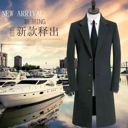 Winter New Men's Mid-Length Woolen Coat Double-Faced Cashmere Warm Business Style Korean Version Travel Suitable Single-Button