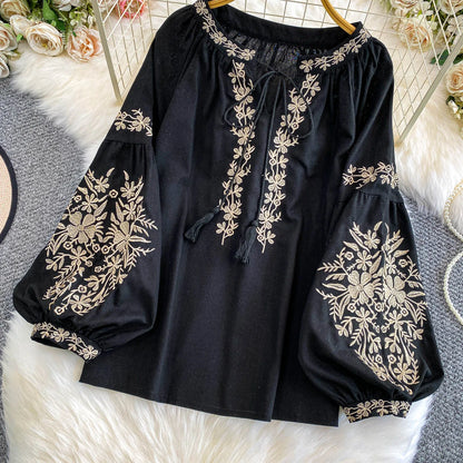Bohemian Vacation Style Women's Shirt round Neck Lantern Sleeve Embroidery Heavy Work Autumn Design Sense Knot Design Top
