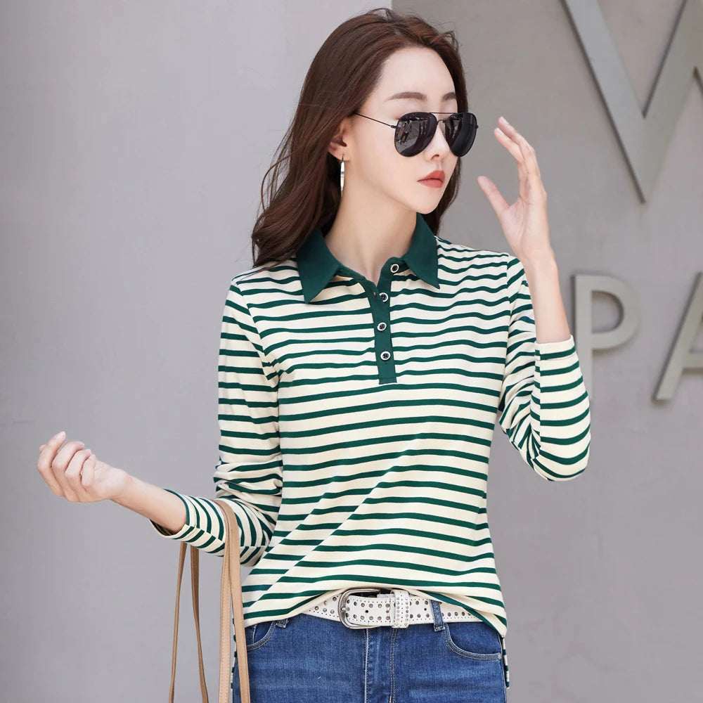 Korean Fashion Long Sleeve  Cotton Polo Shirt Women Stretch Plus Size  Autumn Slim Knitted Polo For Women Striped T shirt