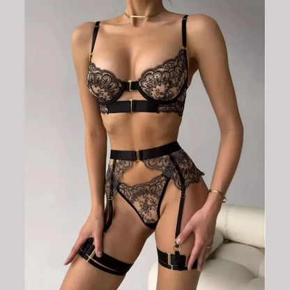 Luxury Black Flower Embroidery Lingerie 4 Pcs Sets Fancy Underwear Mesh Transparent Metal Buckle Bra and Thong Garter Erotic Set