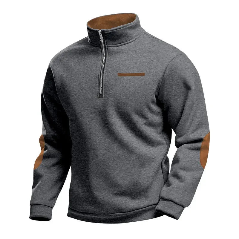 Men's Casual Sweatshirt American Style Autumn Winter Fleece Half-Zip Stand Collar Patchwork Color Block Henry Sweatshirt for Men