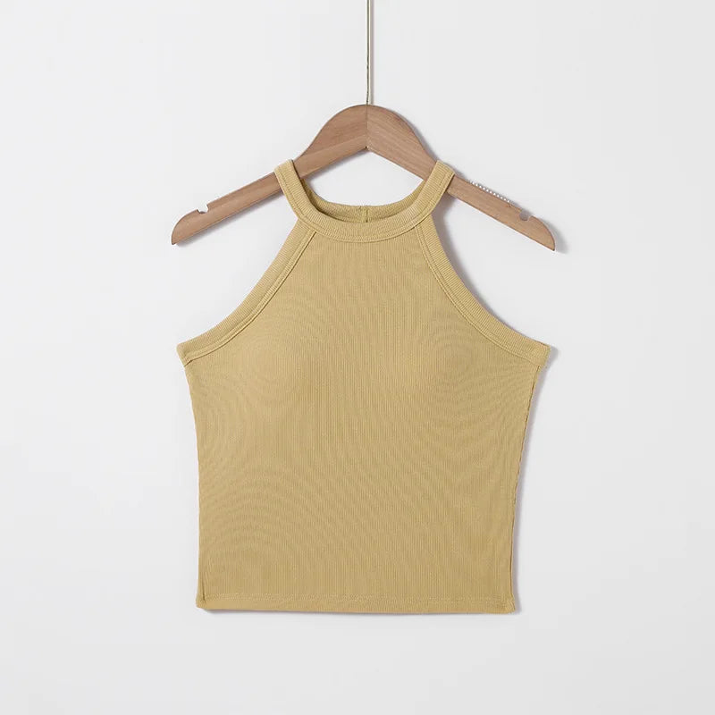 Fashion Threaded Halter Neck Camisole Top with Build-in Bra High Elastic Slim-fitting Sling Fixed Cup Breathable Women Underwear