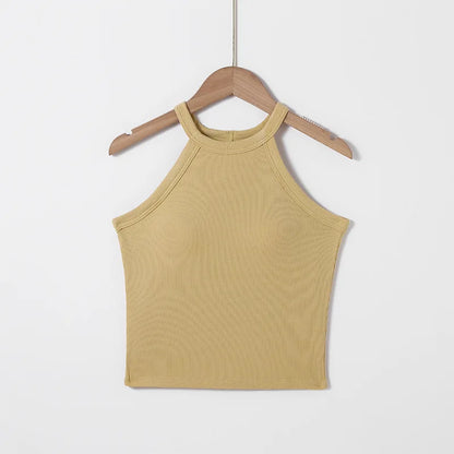 Fashion Threaded Halter Neck Camisole Top with Build-in Bra High Elastic Slim-fitting Sling Fixed Cup Breathable Women Underwear