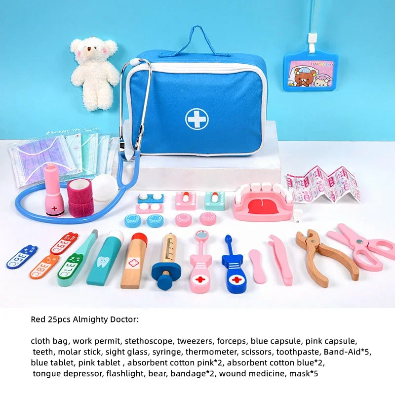 Pretend Play Doctor Toys Wooden Simulation Dentist Check Brush Teeth Medicine Set Role Playing Educational Toys For Children Kid
