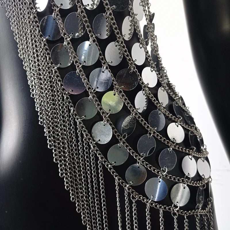 AKYZO Sequined Crop Tops for Women Metal Chain Tassel Nightclub Dance Wear Party Burning Outfits Plastic Tank Top Sexy Festival