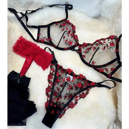 Sexy Floral Embroidery Mesh Bra Set Sweet Sheer Lace Lingerie Soft Comfort Breathable Underwear Suit Party Dating Daily Wear Bra