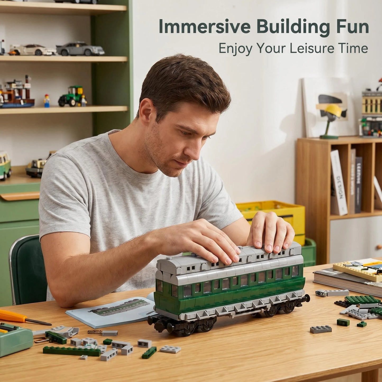 26cm Retro Double-Deck Passenger Train Car Building Blocks Model Green Gray Classic Train Display Toy for Hobbyists