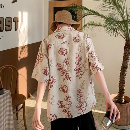 2026 Retro Floral Embroidered Summer Shirts For Men Linen Contrast-Color Print Casual T-Shirts Street Fashion Cuban Collar Tops