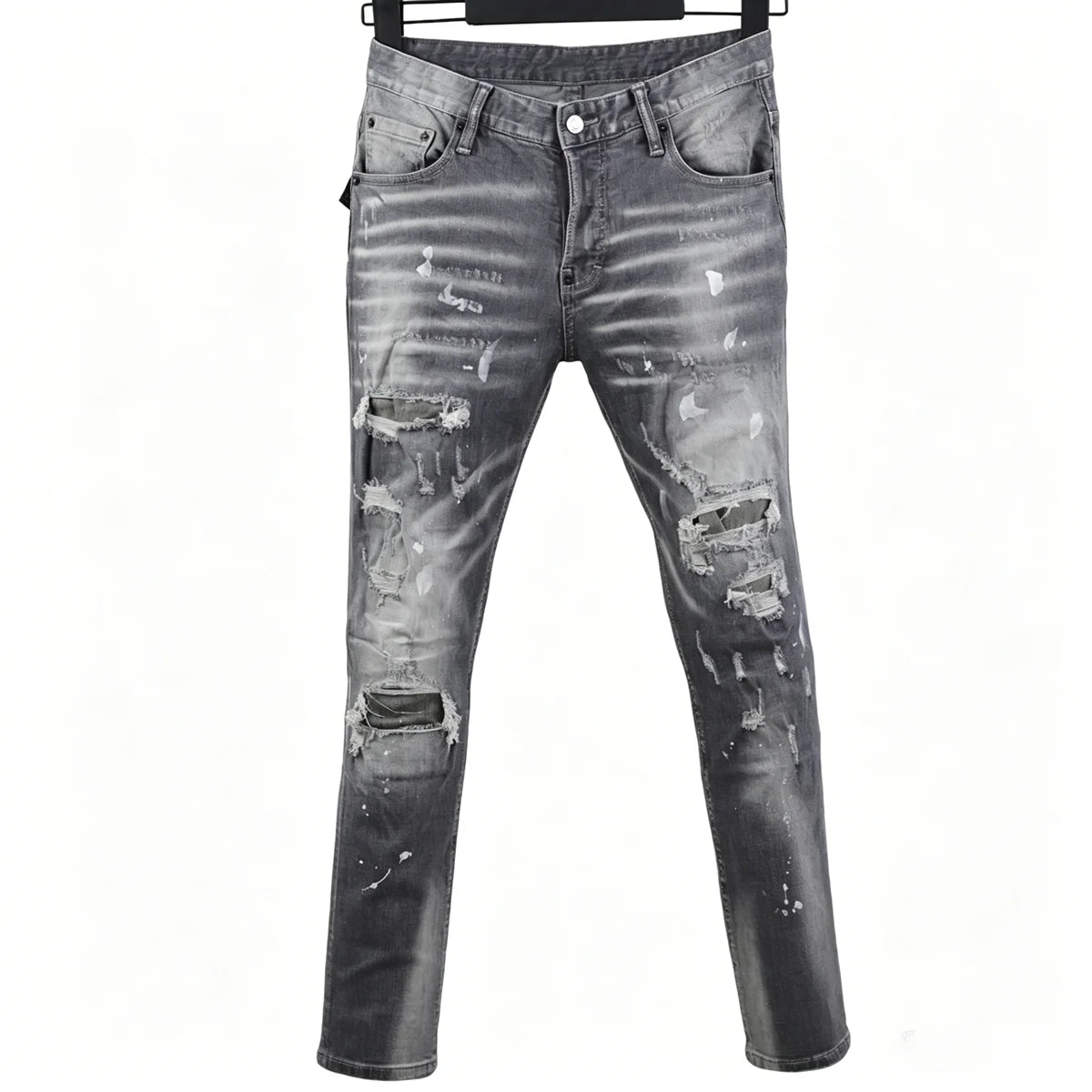 6058 Four Seasons New Men's Wash Grinding Hole Patch Paint Splash Ink Micro-bullet Leg Grey Jeans for Men