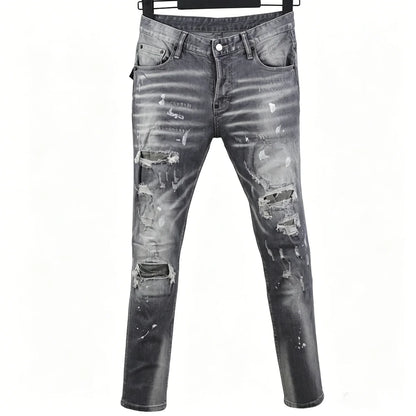 6058 Four Seasons New Men's Wash Grinding Hole Patch Paint Splash Ink Micro-bullet Leg Grey Jeans for Men